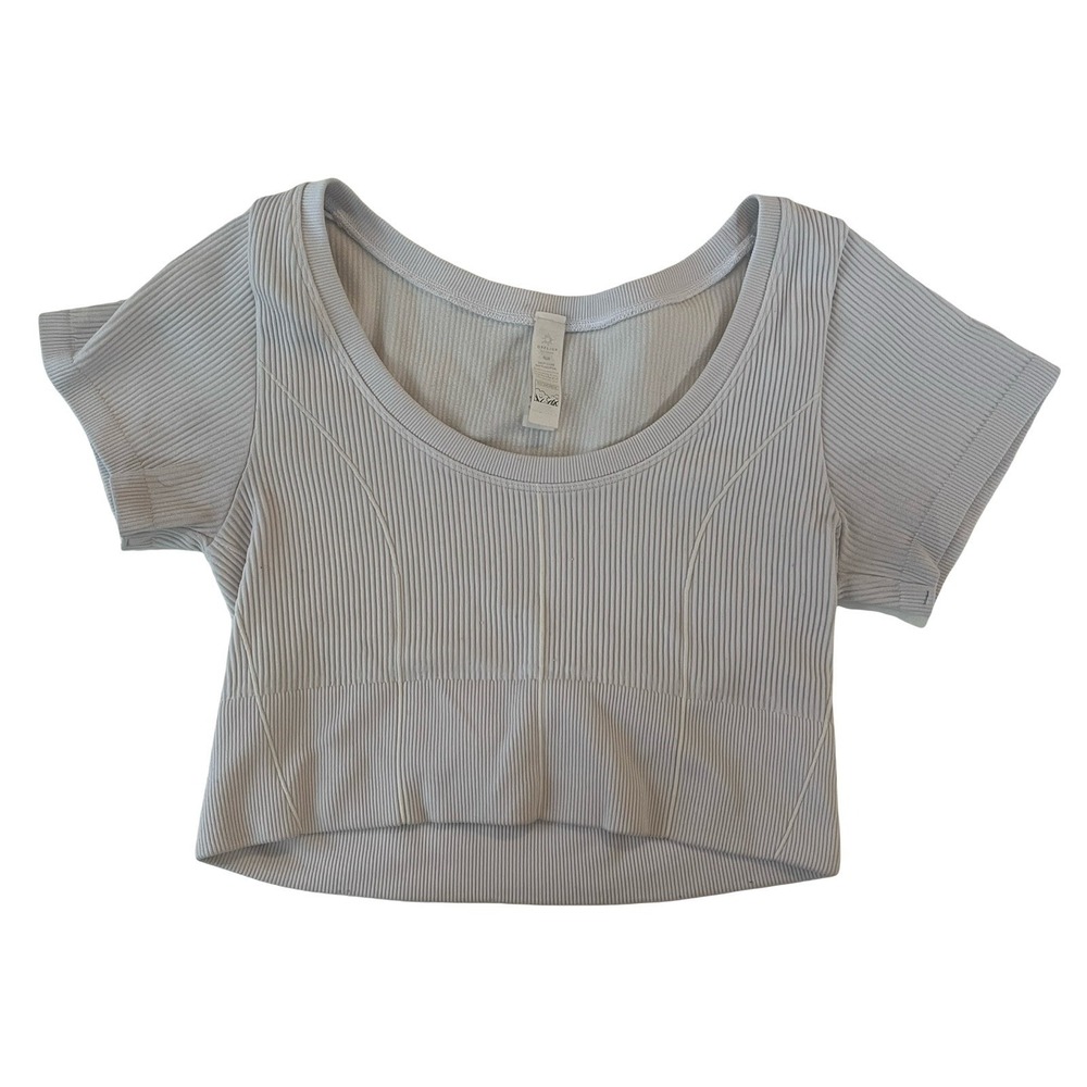 Offline by Aerie Women's Size M Crop Ribbed Short Sleeve Workout Top Ivory Scoop